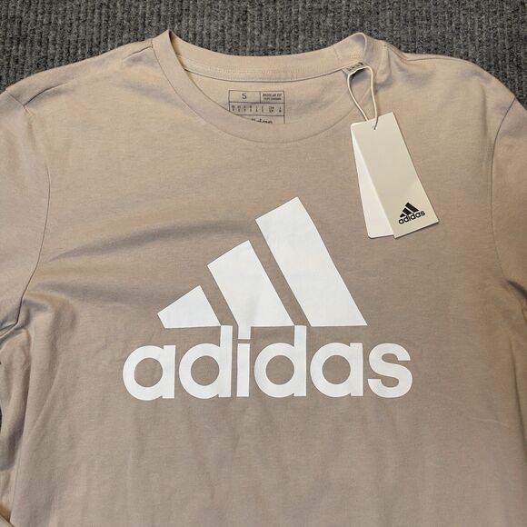 Adidas Men Small Essential Long Sleeve Cotton T-Shirt Wonder Beige Crew NEW - Picture 2 of 7